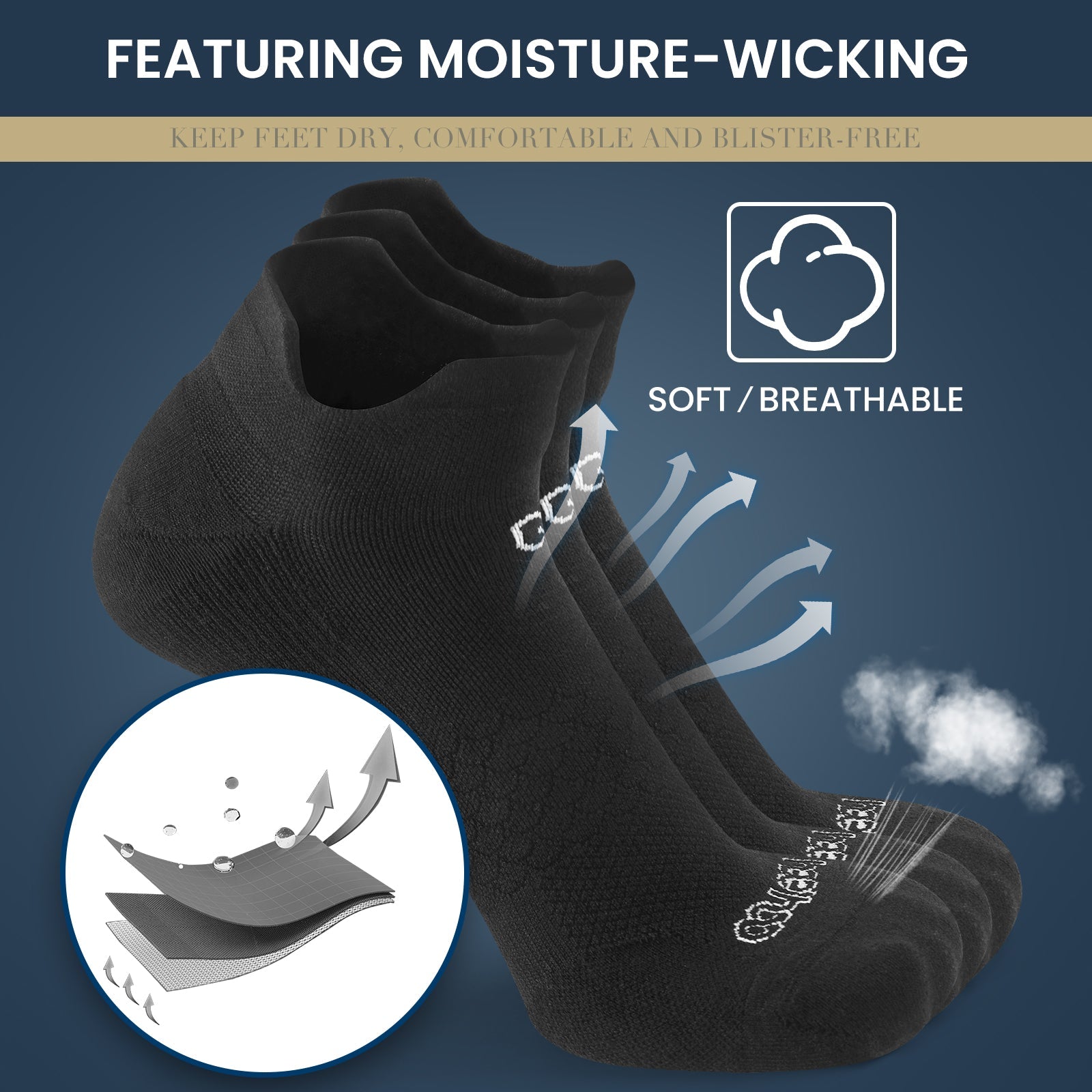 طقم ٣ جوارب كاحل 🌿بامبو🌿 للجنسين - أسود فاخر - كبير - L/XL - HeeHoo.ae