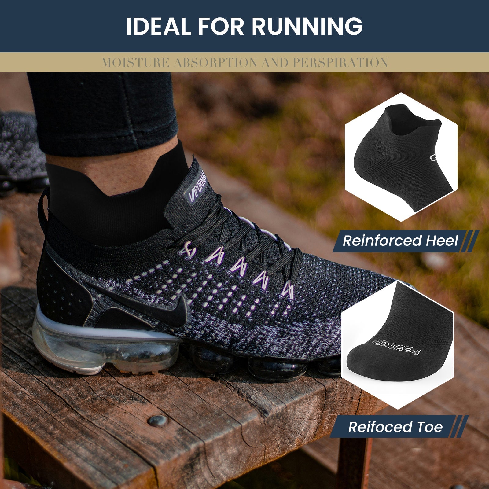 طقم ٣ جوارب كاحل 🌿بامبو🌿 للجنسين - أسود فاخر - كبير - L/XL - HeeHoo.ae