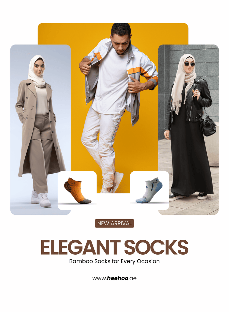 Elegant bamboo socks for men and women displayed with stylish outfits. Featuring new arrival bamboo socks in vibrant orange and light grey colors, perfect for casual and formal occasions. Shop eco-friendly, comfortable socks at heehoo.ae.